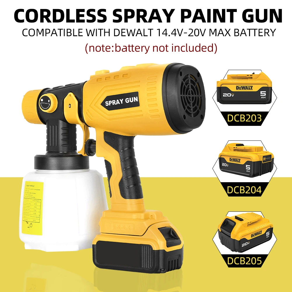 Cordless HVLP Paint Sprayer for Dewalt 20V Battery, 200W Spray Gun with 4 Copper Nozzles for Home Painting(Battery not Included)