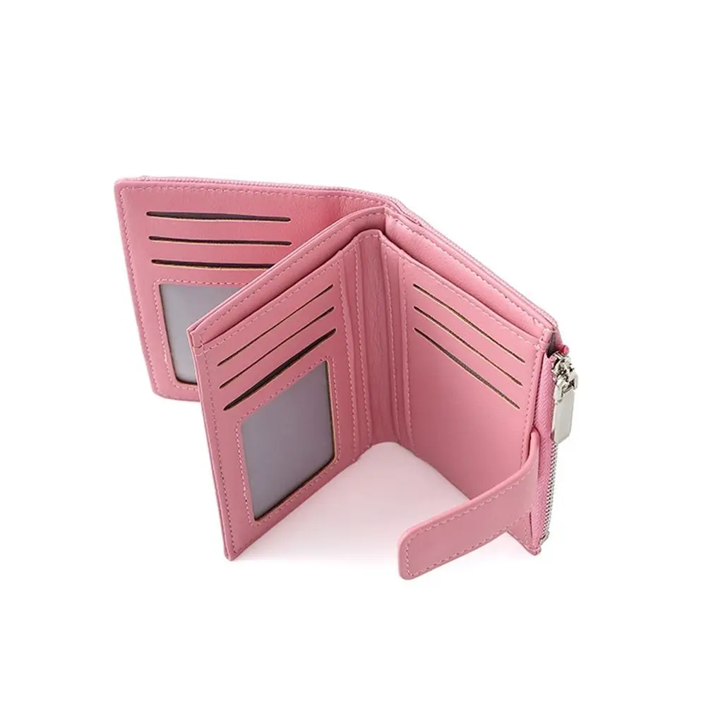 Fashionable Women\'s Folding Short Wallet High Quality PU Leather Zipper Coins Purses Solid Color Versatile Pouch Bag Card Holder