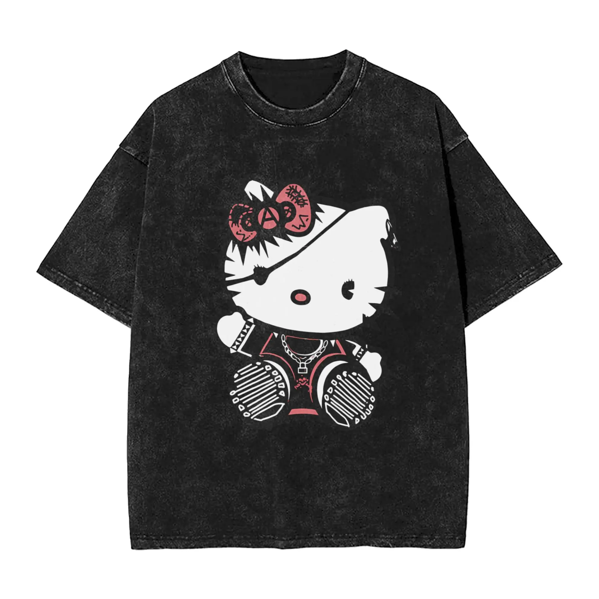 헬로 키티 펑크 록 워시드 티셔츠 커플 Y2K 재미있는 캐주얼 티셔츠 여름 O넥 하라주쿠 티셔츠 커스텀 DIY 오버사이즈 탑