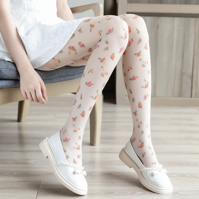 Women Lolita Thin Silky Pantyhose French Style Vintage Sweet Colorful Floral Printed Tights Stockings Cosplay Semi Sheer Knee Hi