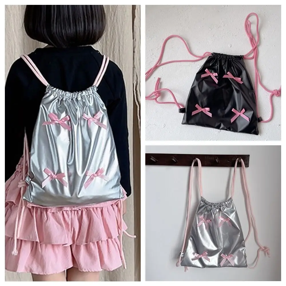 Sweet Korean Style Bow Drawstring Backpack Fold Y2k Nylon Ruched Knapsack Solid Color Large Capacity Children Shoulder Bag Women