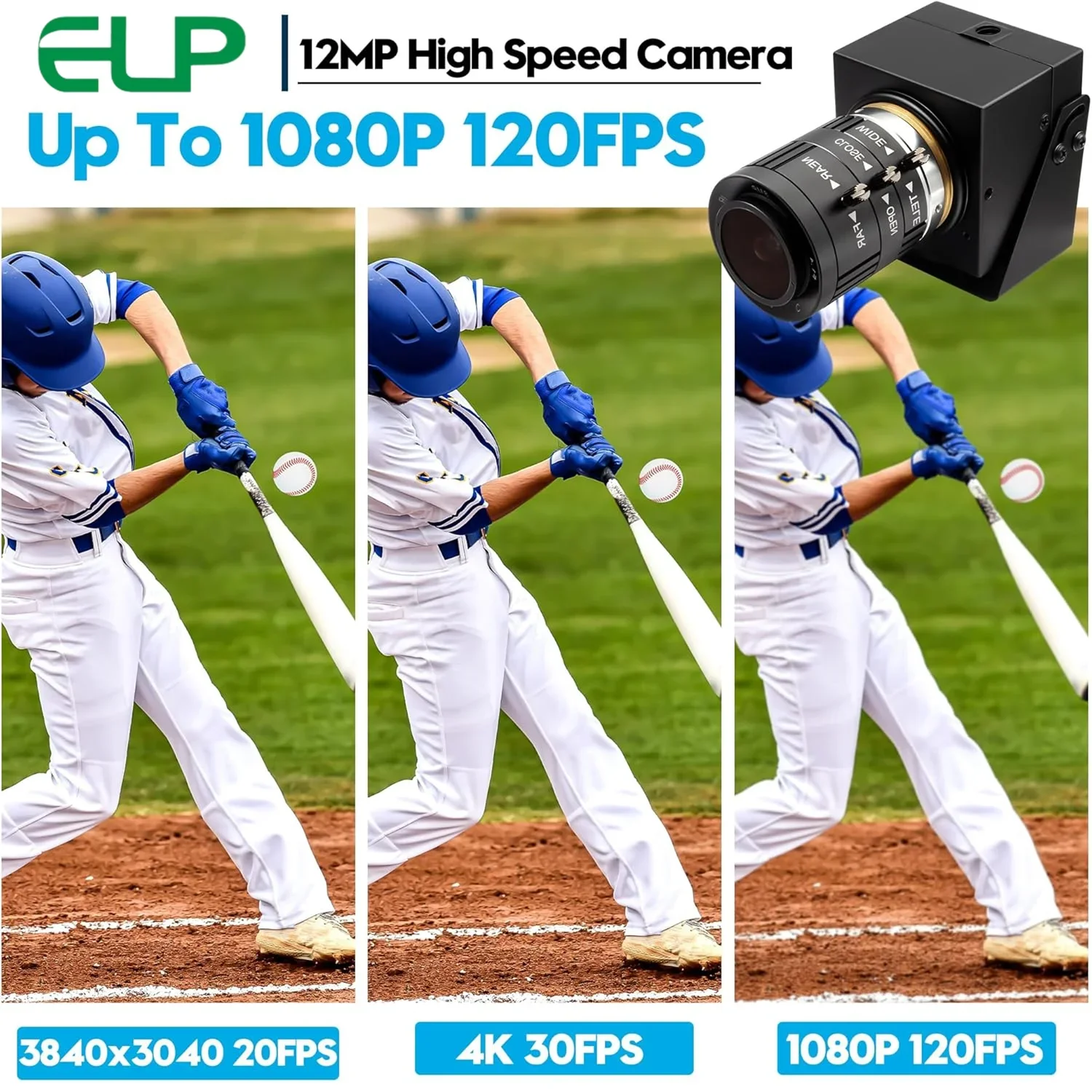 New ELP 12MP High Speed USB Camera 1080P 120fps CS 3.6-10mm Lens Manual Zoom Lowlight IMX577 USB Security Camera For Golf High S
