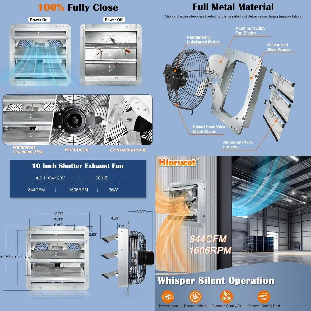

10 Wall-Mounted Louvered Exhaust Fan for Various Spaces - 844CFM, 1606RPM, Low Noise, 1.8m Power Cord