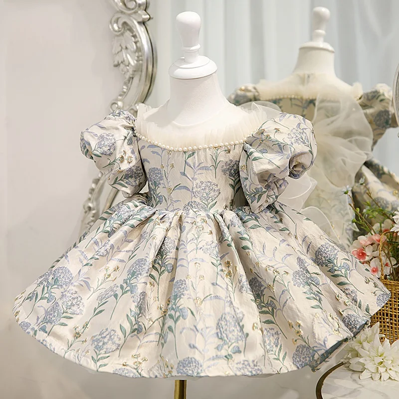 Neonata principessa perla perline pizzo seta vestito manica corta a sbuffo bambino Vintage grande fiocco Vestido festa spettacolo compleanno 1-14Y