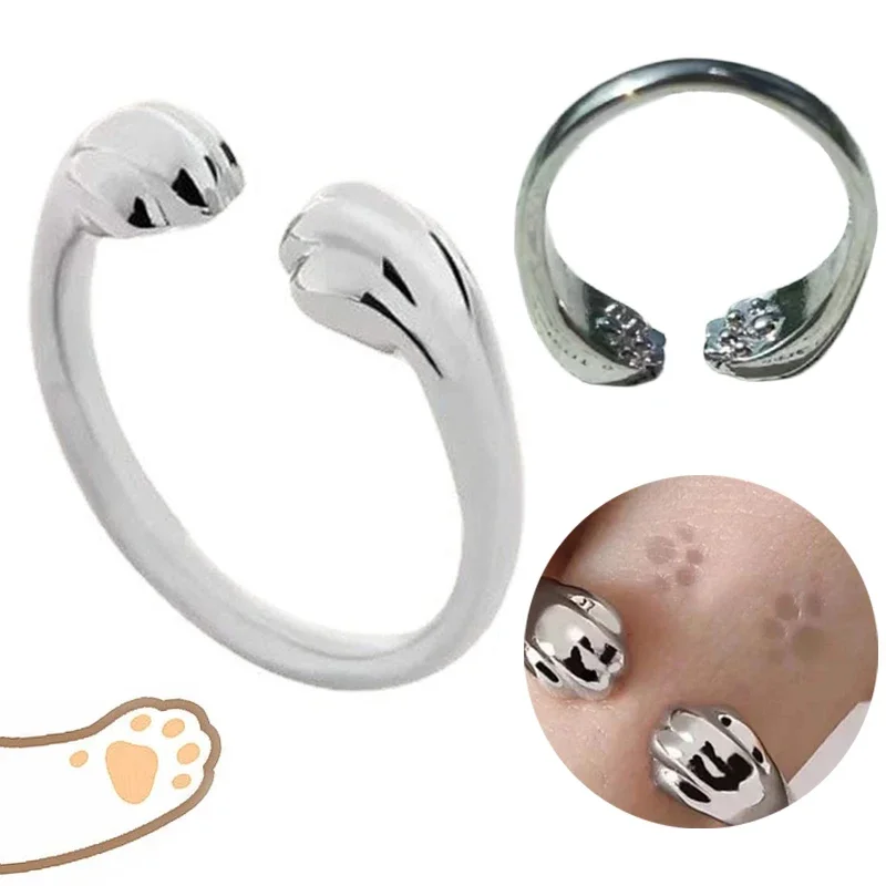 Cute Cat Paw Print Ring for Women Girls Cat Claw Embrace Tightly Design Open Rings Fashion Party Birthday Finger Rings Gifts