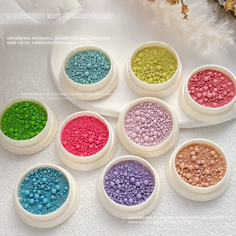 1 set 6 bottles colorful nail steel beads, dopamine macaron mixed size caviar beads set for nail art decorative ornaments