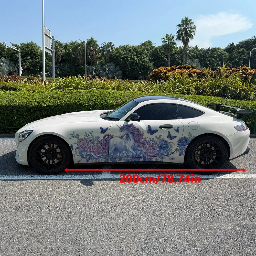 2pcs Flowers And Unicorns Car Sticker Full Body Floral Decoration Cover Scratches Protect Car Sticker Waterproof Car Vinyl Wraps