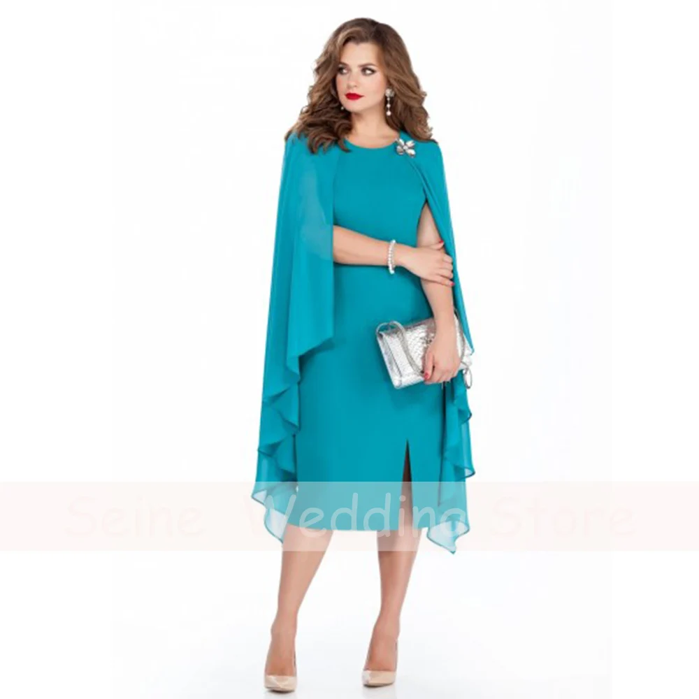 Plus Size Mother of the Bride Dress 2022 Chiffon Knee Length O-Neck Elegant Women Guest Wedding  with Cape Robe De Soirée