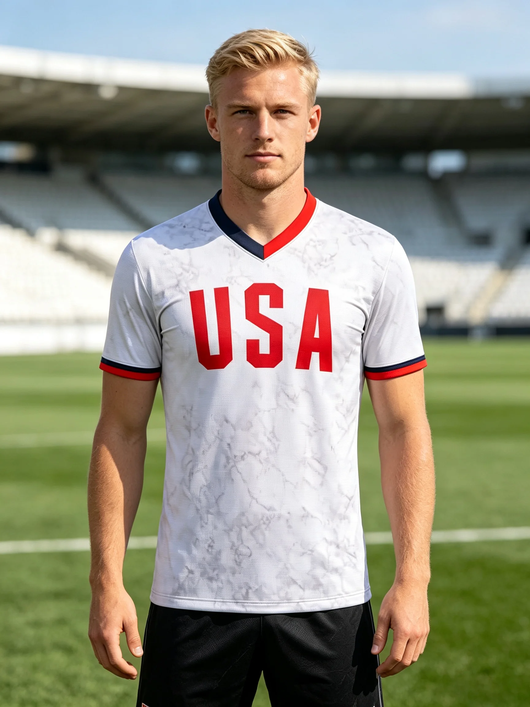 2026 USA men soccer jersey, subtle marble‑textured fabric, bold red USA print and red‑blue trimmed V‑neck