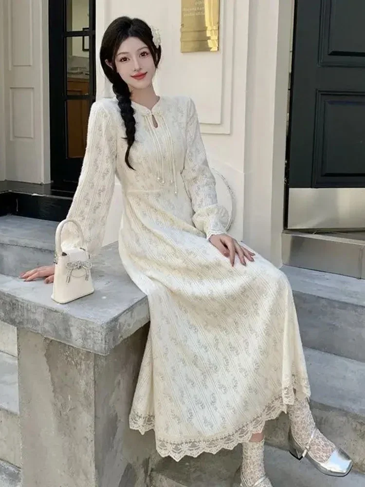 중국 스타일 롱 드레스 가을 겨울 솔리드 화이트 우아한 여성 드레스 패션 빈티지 스위트 베스티도스 무헤르