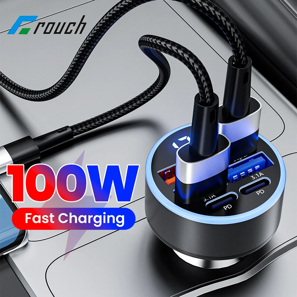 

6-Port 100W Car Charger Fast Charging 4USB+2Type C Digital Display Car Phone Charger Adapter For iPhone Samsung Huawei Xiaomi