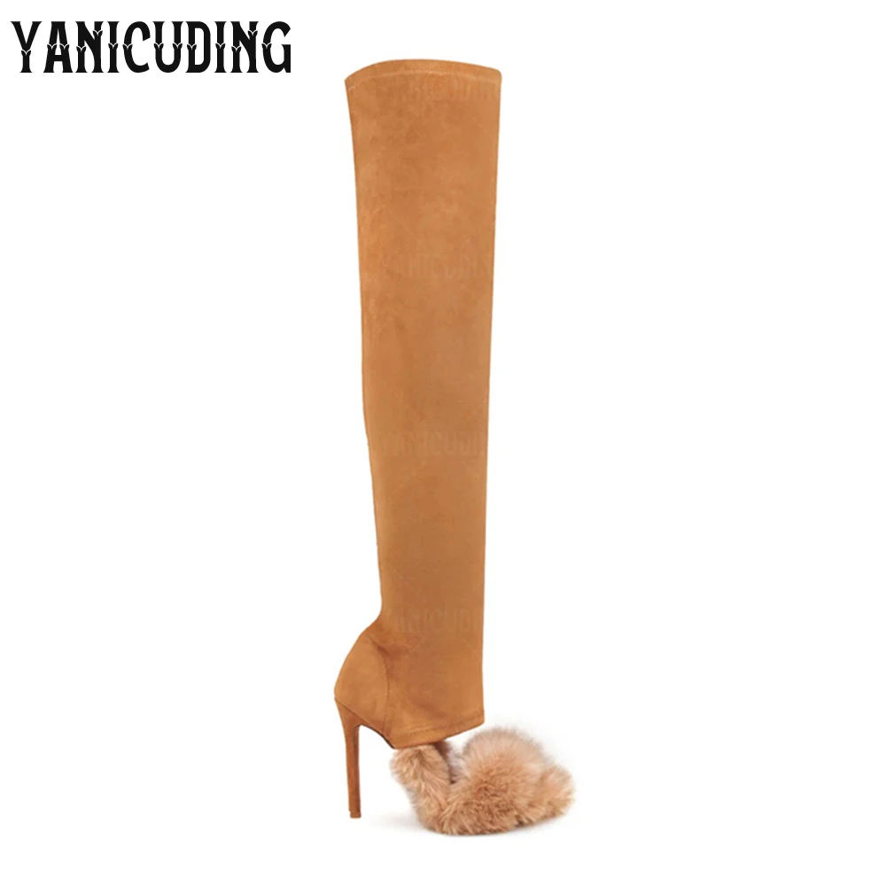 Faux Furr over the Knee Boots Peep Toe Slip on Women Boots Multicolor Faux Fur Stretch Boots Fashion Style Open Toe Women Boots