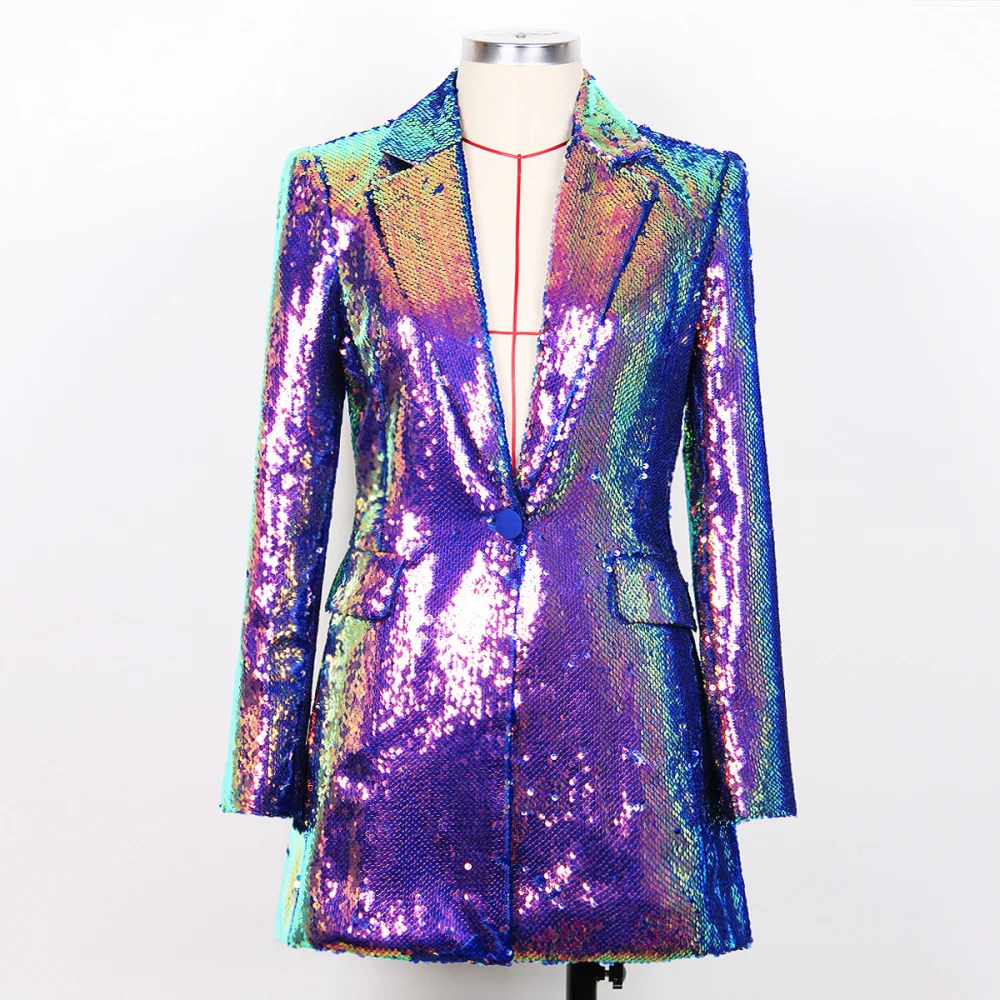 Fashion Stage Sequin Colorful Polo Collar Single Button Long Sleeve Slim Fit Shiny Costume Outerwear Women Purple Blazer 2025