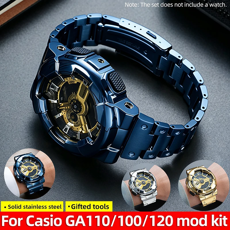Мод-кит GA110 с синим ремешком и корпусом для Casio G-shock GA-110GB GA120 GA100. Корпус из нержавеющей стали, металлический браслет, сменные аксессуары.