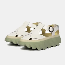 2026 Spring Summer Thick-Soled Closed-Toe Sandals for Women Cowhide Casual Outdoor Beach Shoes Platform Hollow Roman Shoes