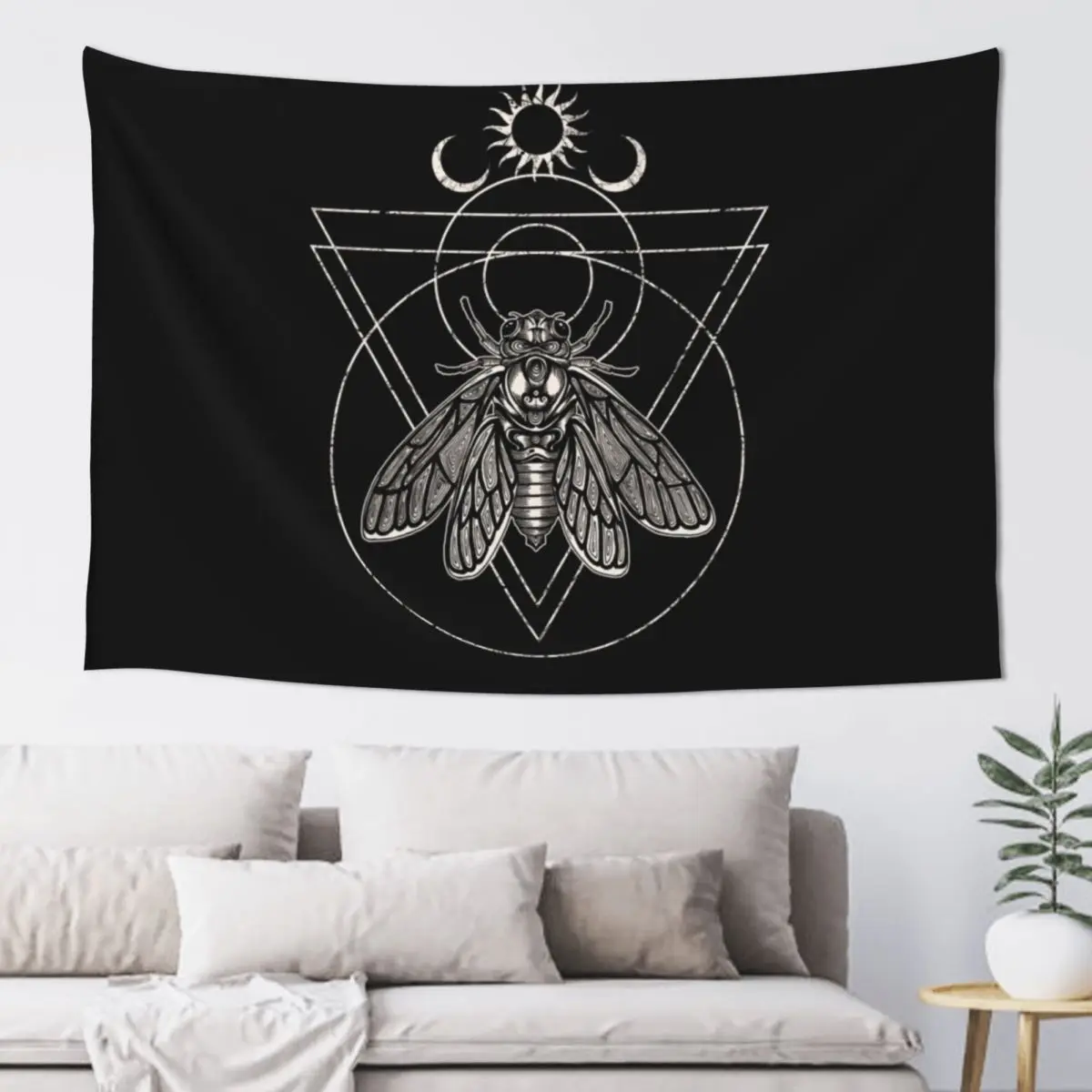 Occult Cicada Brood X Sacred Geometry Ink Illustration Tapestry Wallpaper Bedroom Tapestry