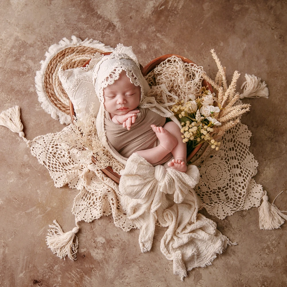 Baumwolle Baby Wrap Fotografie Requisiten Makramee Neugeborenen Kissen Spitze Hut Neugeborenen Sackleinen Schicht Baby Quasten Decke Foto Zubehör