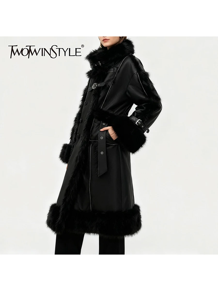 

TWOTWINSTYLE Solid Loose Spliced Belts Basics Coats for Women Stand Neck Long Sleeves Patchwork Fur Fashion Leather Coat Female
