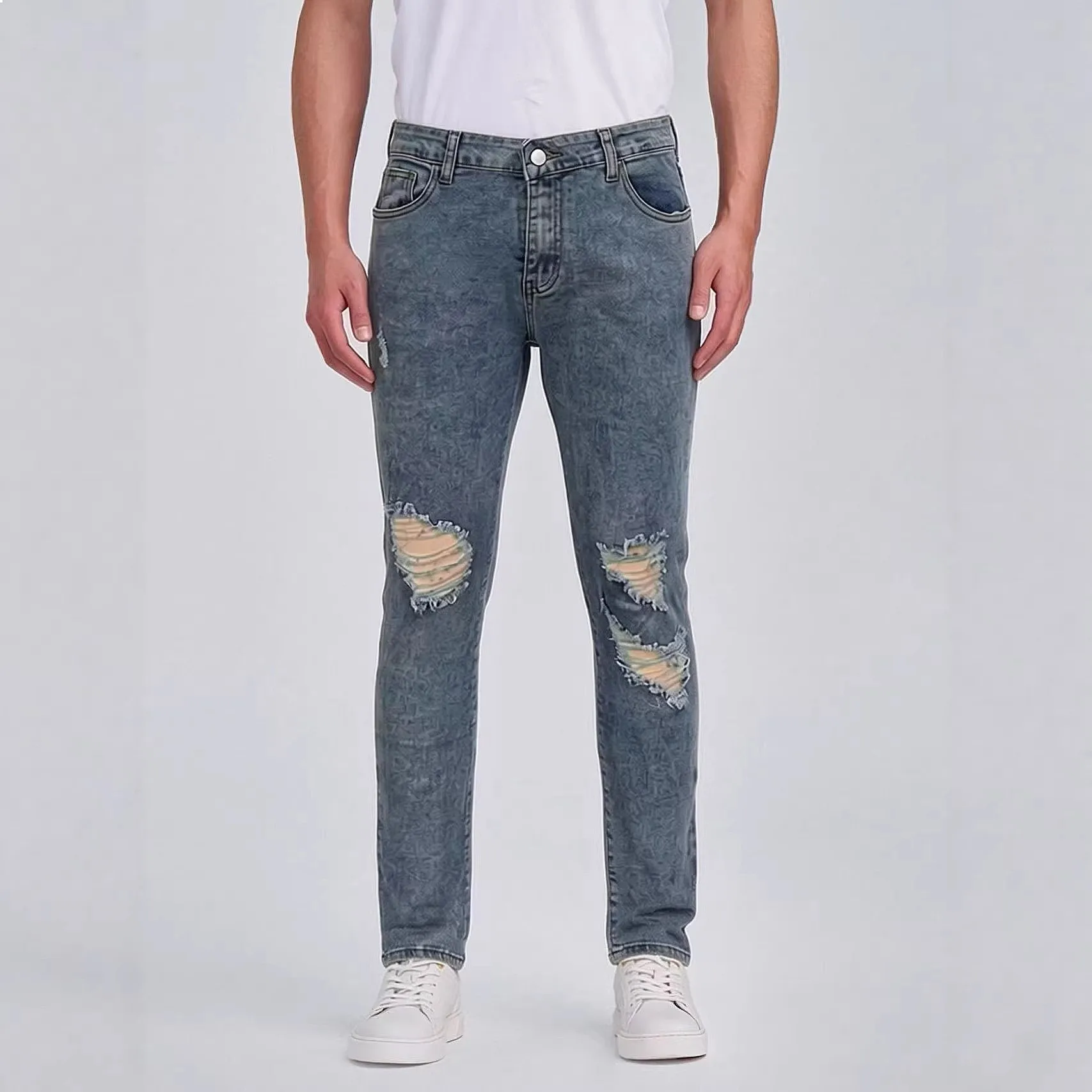Jean Casual Ripped Stretch Straight Jeans Men's Denim Pants Spring Summer