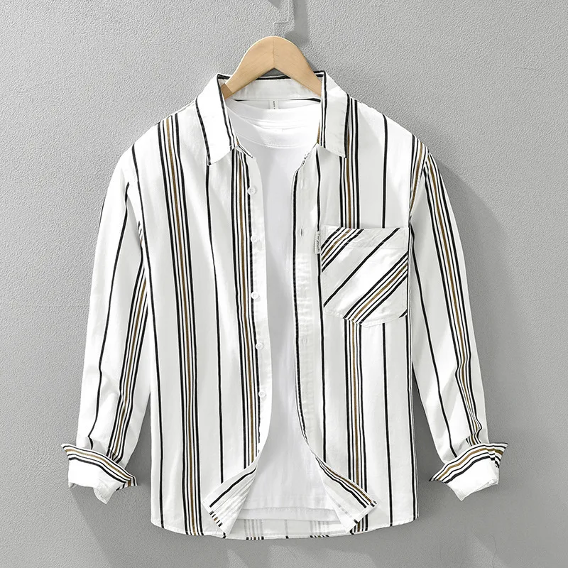 Fashionable Striped Long Sleeved Shirt For Men Casual Versatile Artistic Loose Long Sleeve Button-Down Cotton Dress Shirt