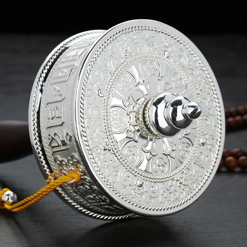 22cm Alloy Metal Silver Special Six Words Mantra Wooden Hand Cranking Prayer Wheel,Buddhist Tibetan Exquisite Supplies Ornaments