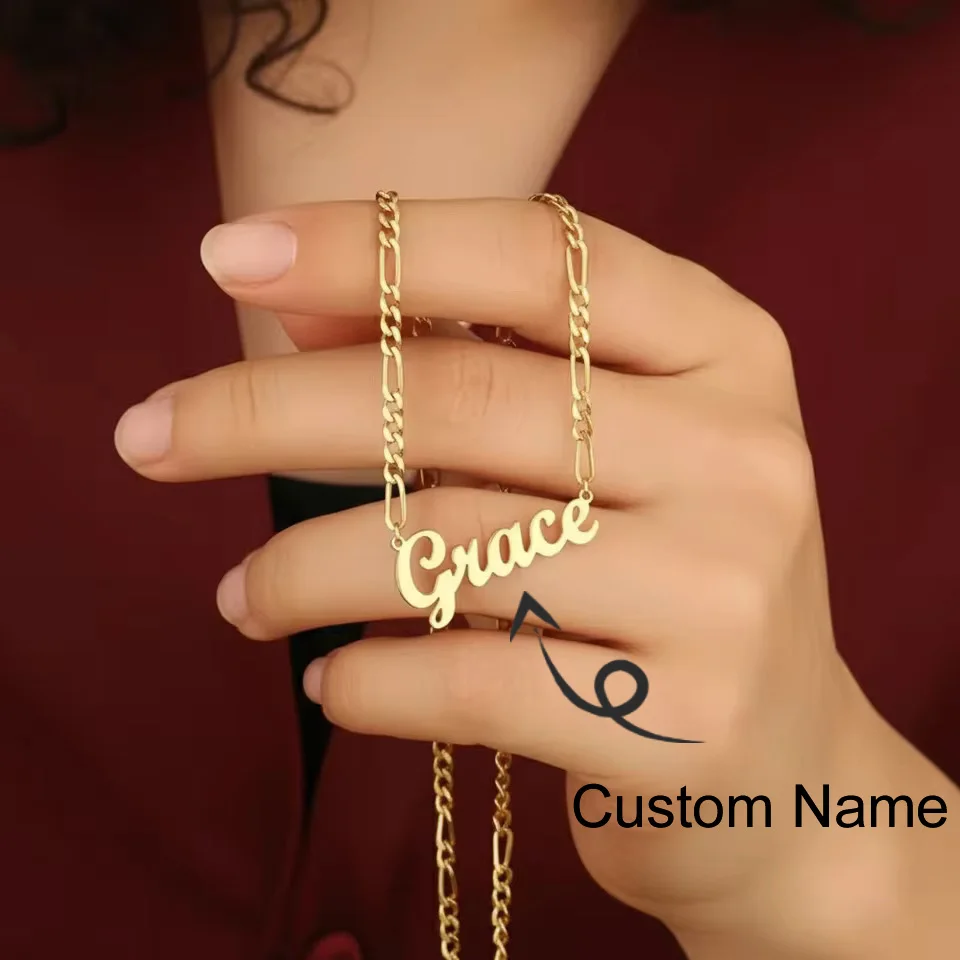 

Custom Name Necklace with 3mm Cuban Chain Personalized 18K Gold Plated Stainless Steel Letters NamePlate Figaro Chain Choker