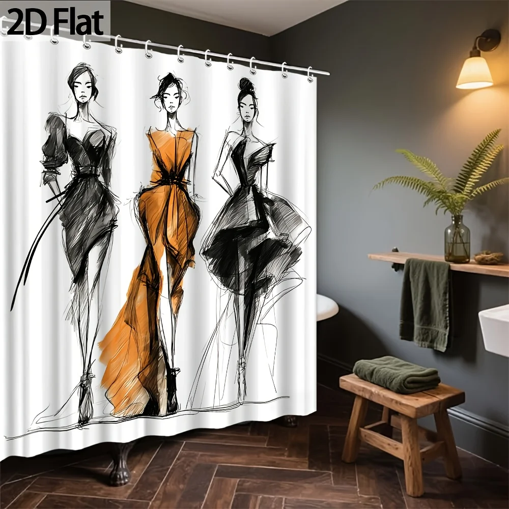 Fashion Sketch Shower Curtain, Elegant Lady Dress Print, Modern Art Bathroom Decor, Waterproof Polyester Fabric Bath Curtain