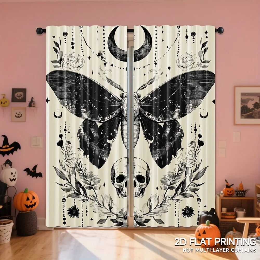 2PCS Digital Print Curtains, Gothic Moon Moth Floral, Gothic Mystic