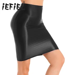 Women Glossy Sexy Mini Skirt High Waist Pencil Bodycon Skirt Stretchy Solid Color Skirt for Club Pole Dancing Party Show Coatume