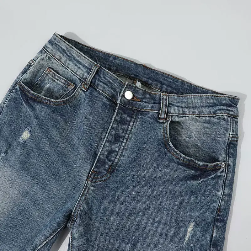 Y2K مصمم أزياء شارع العليا تمتد سليم صالح الرجعية غسلها الجينز الأزرق مع بقع حمراء السراويل العلامة التجارية الهيب هوب