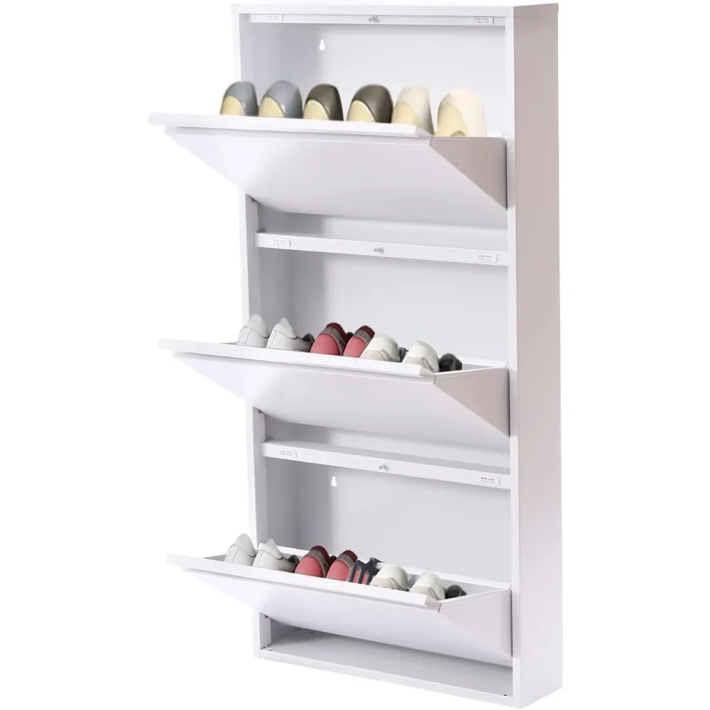 Shoe Cabinet Storage for Entryway 3-Tier Narrow Metal Shoe Rack Shoe Organizer with Flip Top Platform Doors Shoe Holder Shelf