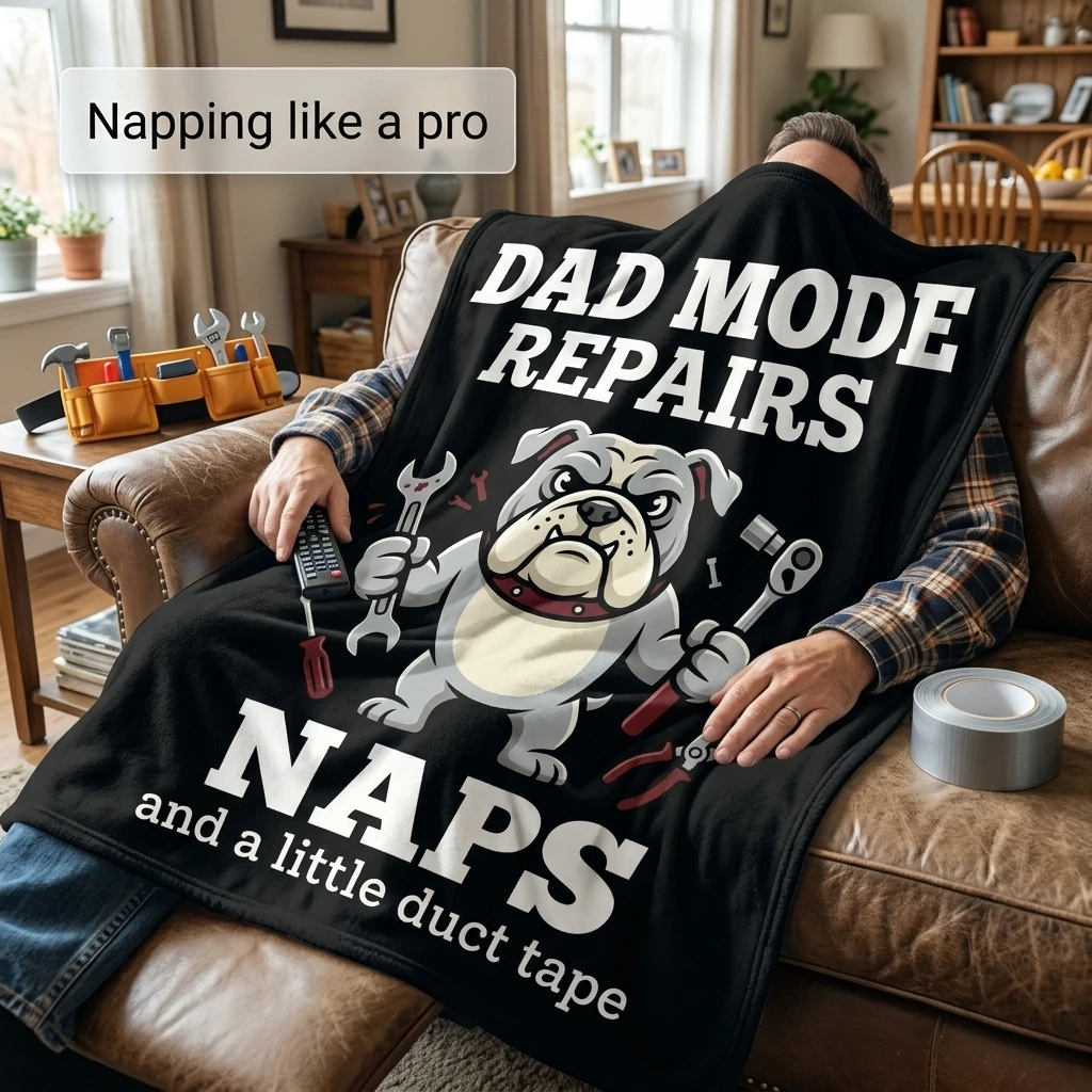 Dad Mode Repairs Naps Duct Tape Bulldog Flannel Throw Blanket,Funny Tough Mechanic Dad Bulldog Graphic Soft Cozy Home Decor Gift