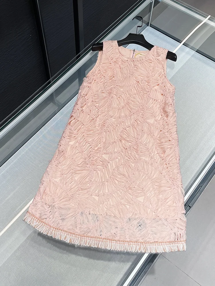 

High-End Summer Women's Dr Pink Lace Embroidery Svel High Waist A-Line Skirt Sle round Ne Pullover Midi Dr