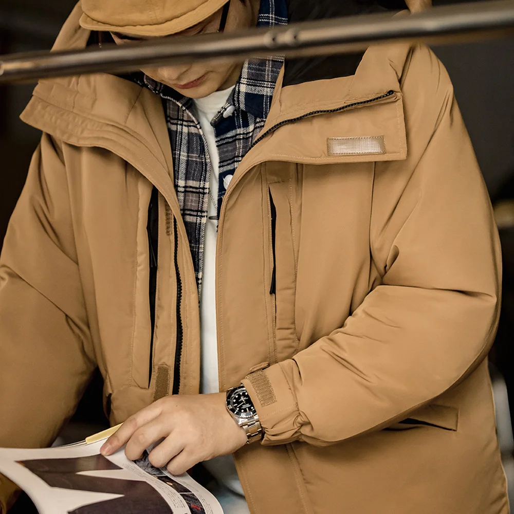 Maden Jaqueta masculina de penas de pato branco com capuz cor cáqui Casaco quente e grosso para fora no inverno Jaqueta casual com gola alta e proteção contra o vento Elegante e quente jaqueta masculina