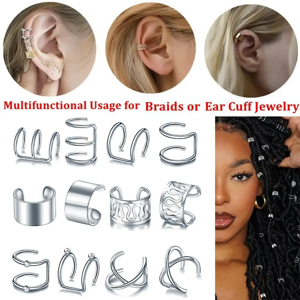 Silver Color Alloy Braid Clips Alloy Hair Jewelry Punk Style Non Piercing Ear Cuffs for Women Men Beach Party Daily Wear