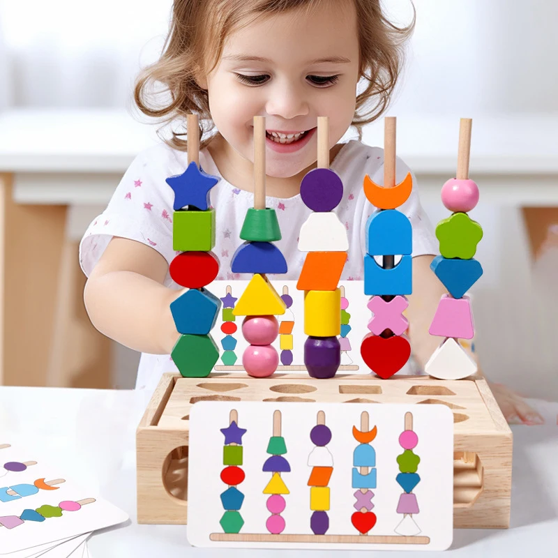 Montessori Wooden Toys Color Shape Matching Board Sorting Puzzle Game Fine Movement Training Column Beaded Games Educational Toy