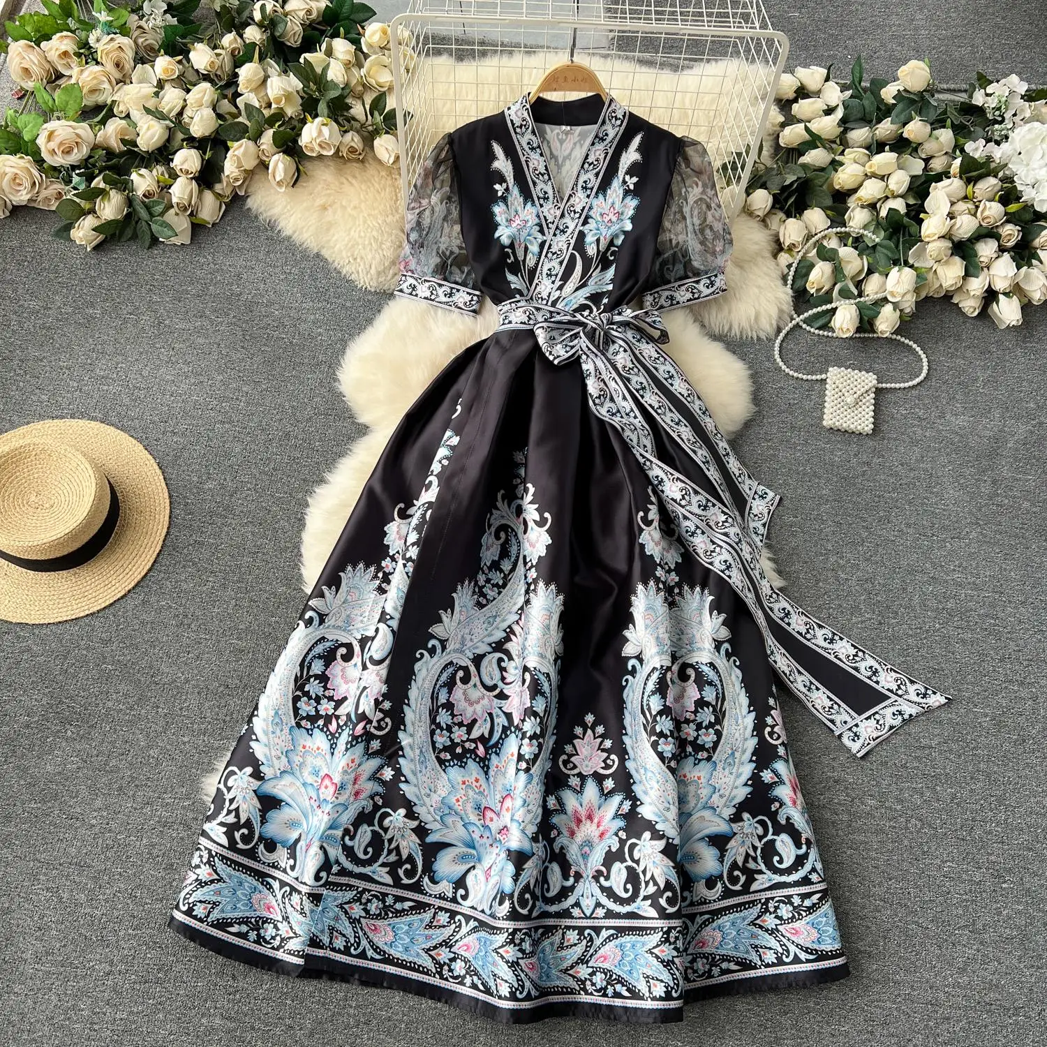 2024 Summer Holiday Flower Long Dress Women Cross V-Neck Short Sleeve Retro Paisley Print Lace Up Maxi Robes Vestidos 6332