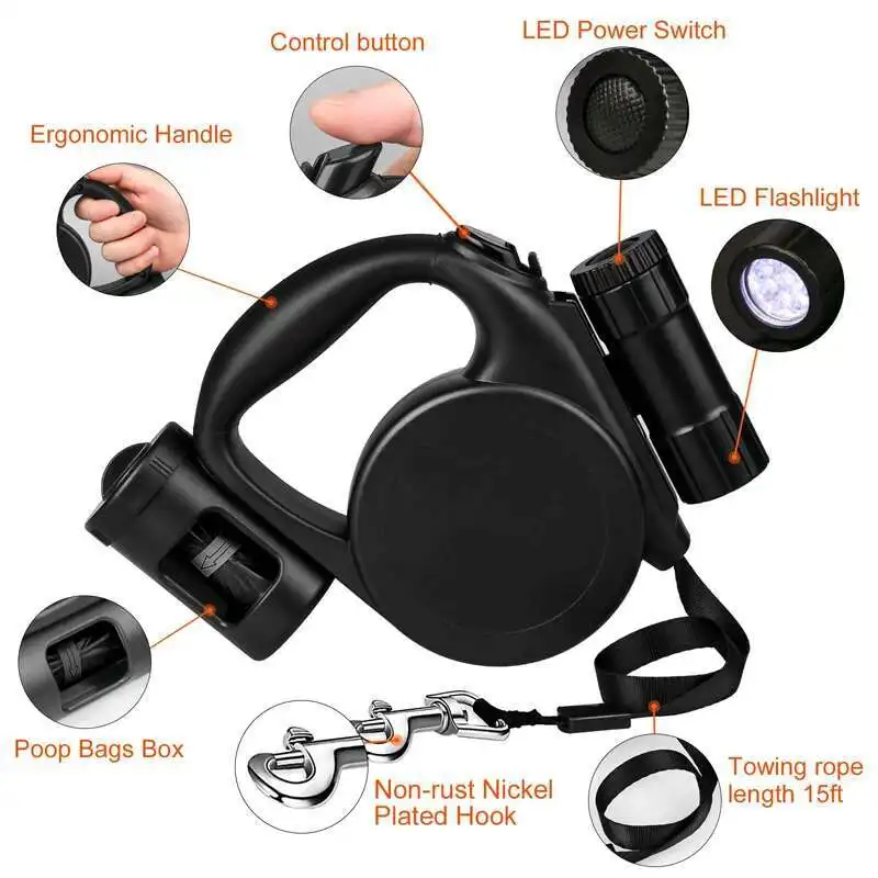 

2025 Model Retractable Dog Leash With Poop Bag Holder No Tangle Flashlight Dog Lead For Small Medium Large Dog Training Walking