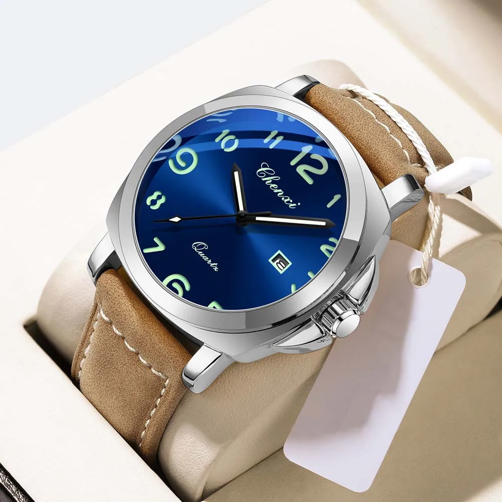 2025 고급 비즈니스 남성용 시계 가죽 밴드 큰 다이얼 남성용 쿼츠 시계 골드 방수 날짜 손목시계 남성용 선물 렐로지오