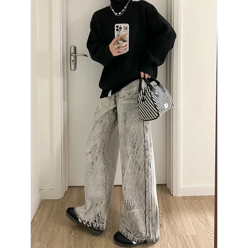 Aesthetics Harajuku Vintage High Waist Oversized Jeans Pant Women Casual Baggy Y2K Wide Leg Grunge Streetwear Grey Denim Trouser