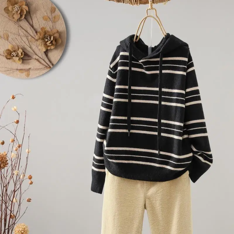 Women Autumn Winter Korean New Hooded Pullover Knitwear Fashion Striped Sweater Casual Soft and Warm Versatile Long Sleeve Tops