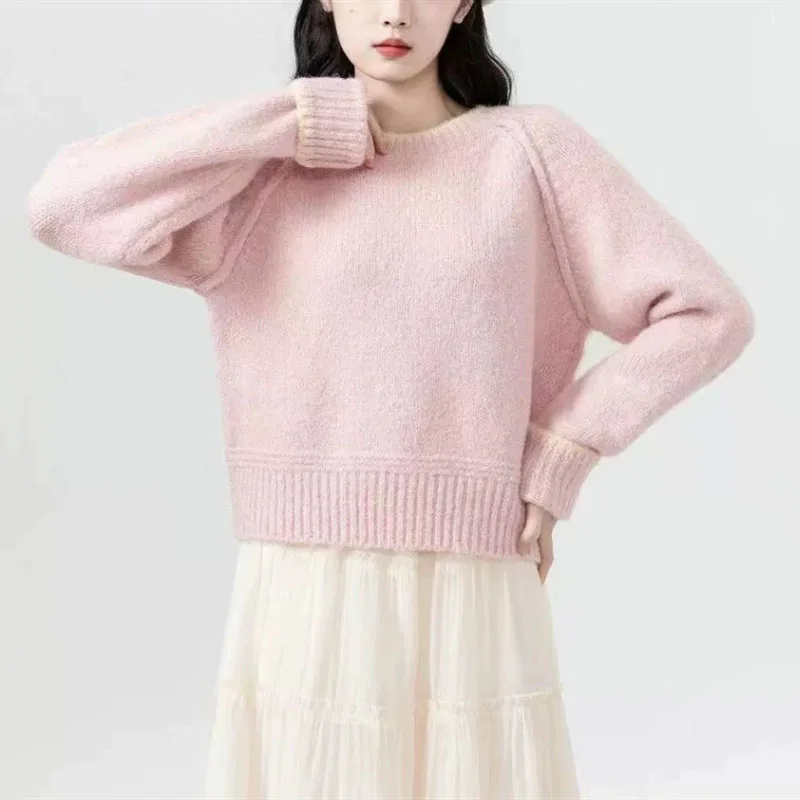 

Korean Style Casual Knitted Pullovers Women Contrast Color Round Collar Cropped Sweater Woman Autumn Winter Thick Soft Jumpers