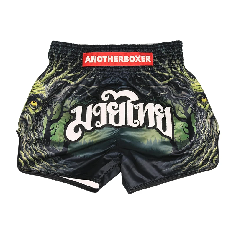 Muay Thai Boxershorts für Herren, Damen und Jugendliche, mit Wald- und Baum-Motiv, Kickboxershorts, Satin-Kampfshorts für das Training im Fitnessstudio, MMA-Sparring.