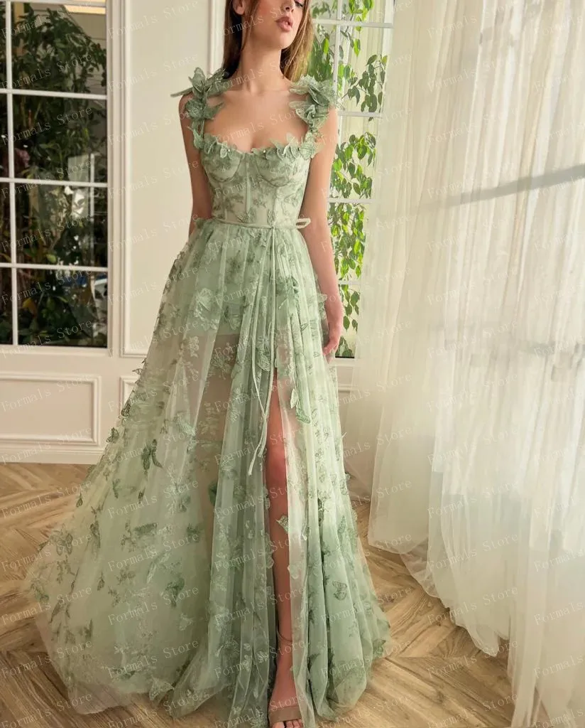 Straps Light Green A-line Applique Butterfly Evening Dresses See Through Woman Clothes With Slit Open Back Prom Dress Pretty