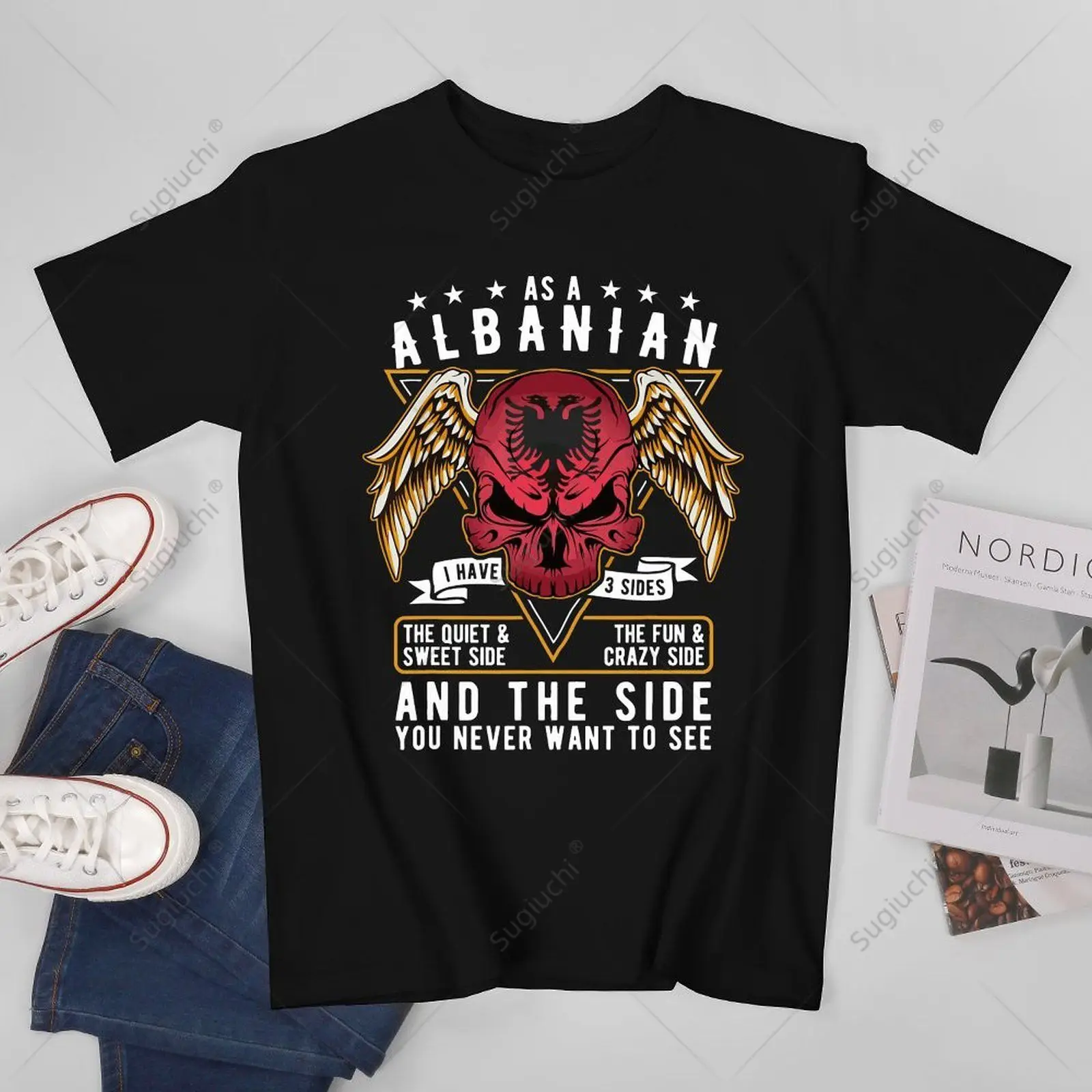 Unisex Men Albanian Albania Flag Skull Albanian Roots Heritage Tshirt Tees T Shirts Women Boys 100% Cotton T-Shirt