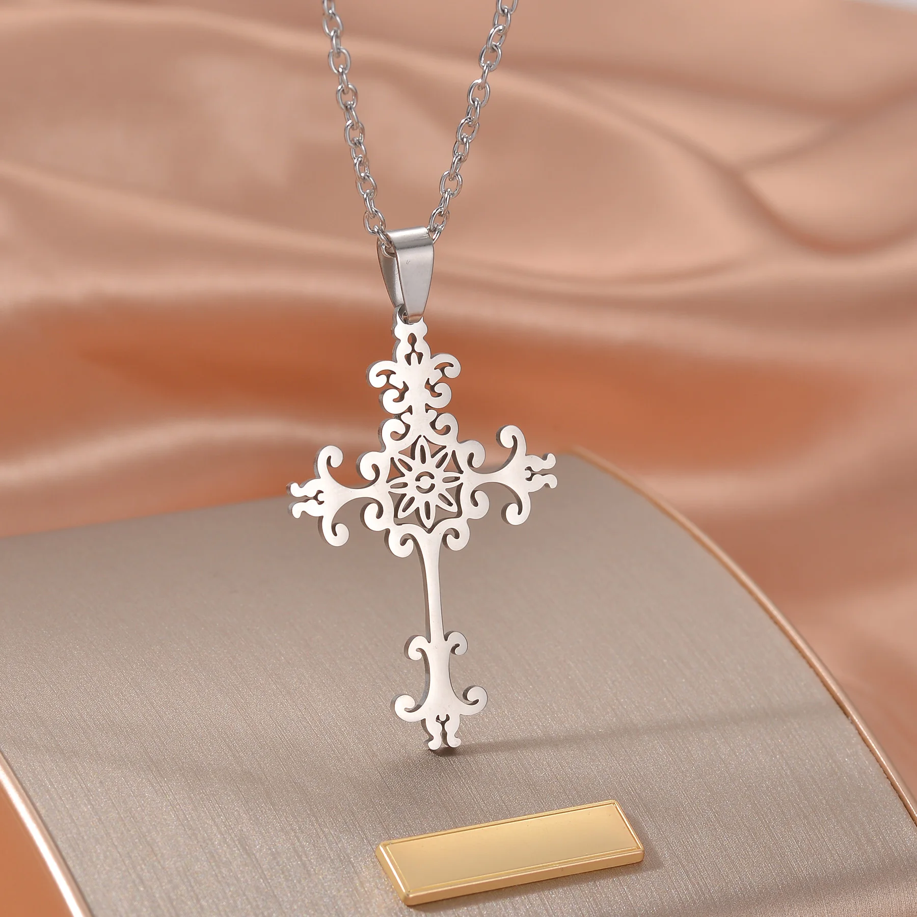 Hollow Special Follow Cross Pendant Stainless Steel Necklace Silver Color Christan Prayer  Jewelry Fashion Charm Statement Women