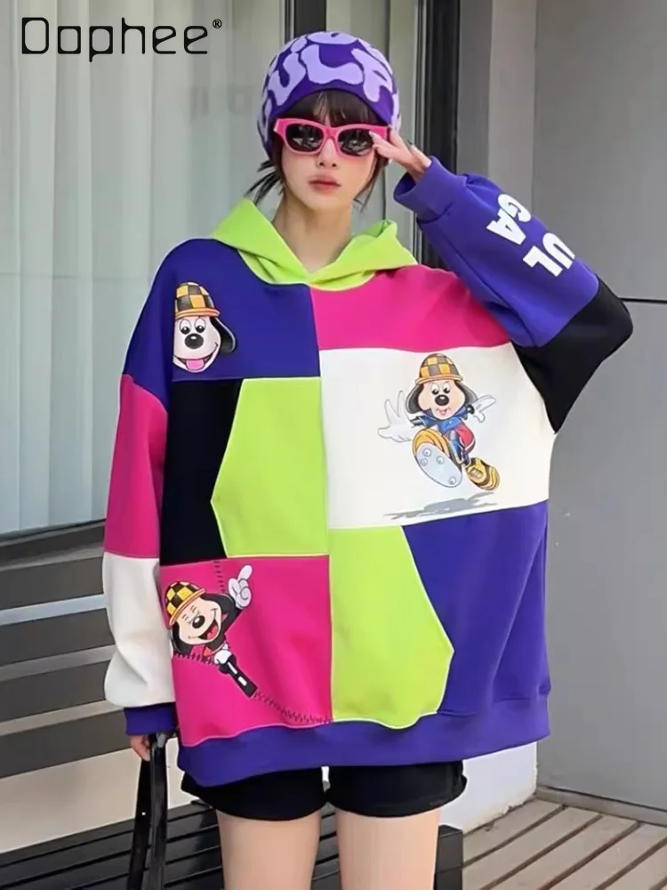 

Fashion Brand Cartoon Fun Contrast Color Patchwork Hoodies Women Autumn New Mid-Length Loose Pockets Hoodie Fashion Sweatshirts