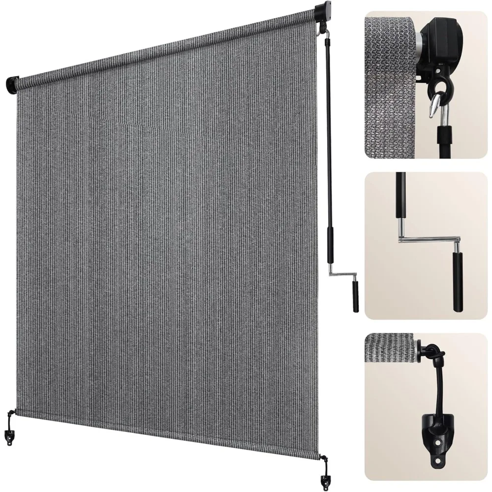 

Outdoor Roller Shade, Gray Exterior Cordless Patio Shades Roll Up Blinds with Splicing Design, 2 Poles and 1 Piece Fabric