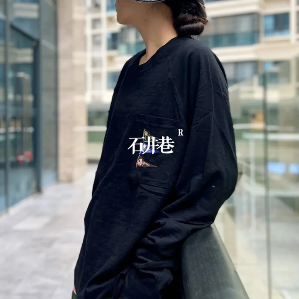 Kapital Vintage Trendy Simple Flag Embroidered Loose Round Neck Versatile Long Sleeved T-shirt for Men