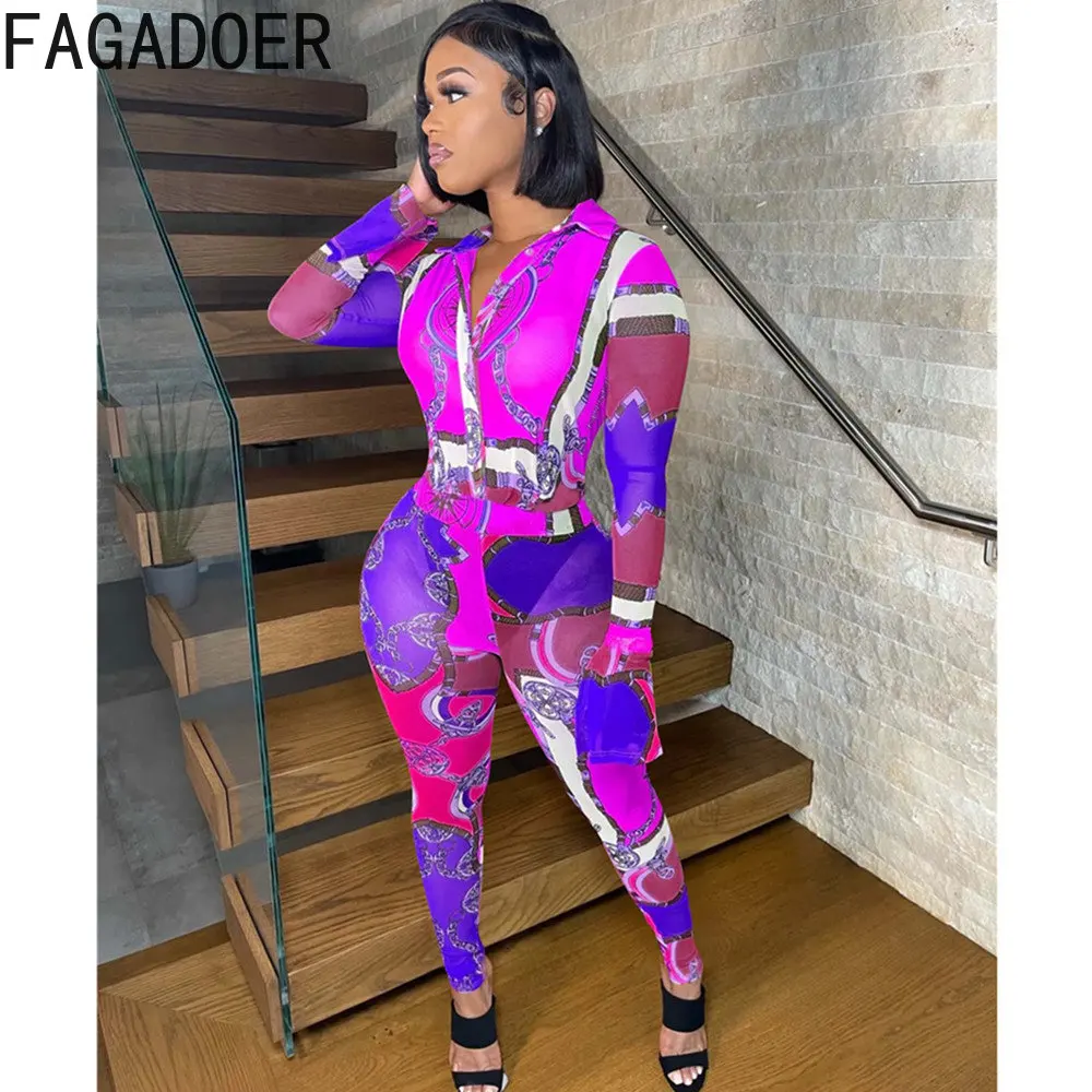 FAGADOER African Retro Print Jumpsuits Women Turndown Collar Button Long Sleeve Playsuits Sexy Slim Vintage Pattern Overall 2023